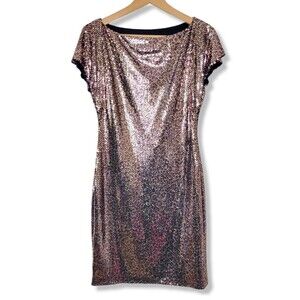 Vicky Tiel Gold Sequins Mini Dress Size 4 Slit sleeve Retro Disco